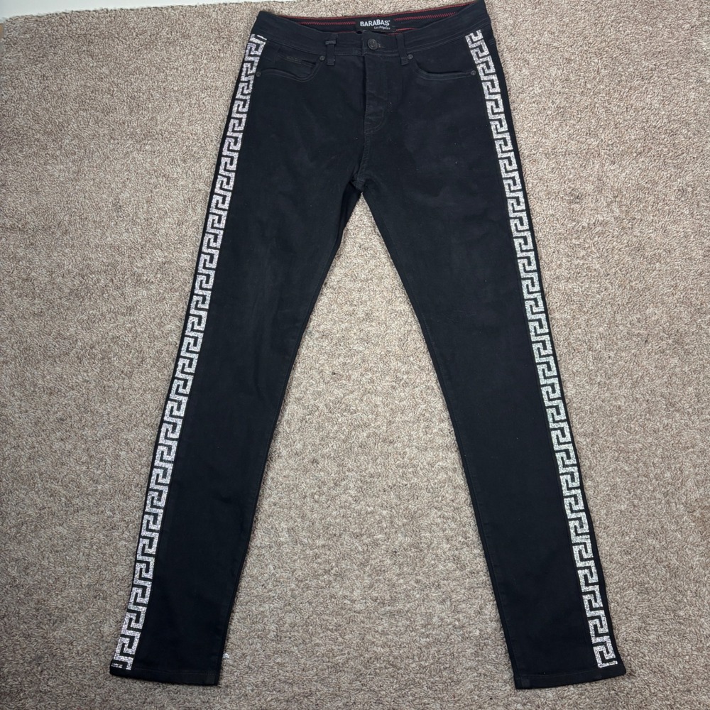 Barabas Los Angeles Mens Black Rhinestone Greek Key Slim Fit Jeans 32 9790